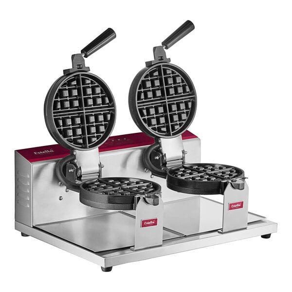 A white Estella double Belgian waffle maker on a stand.