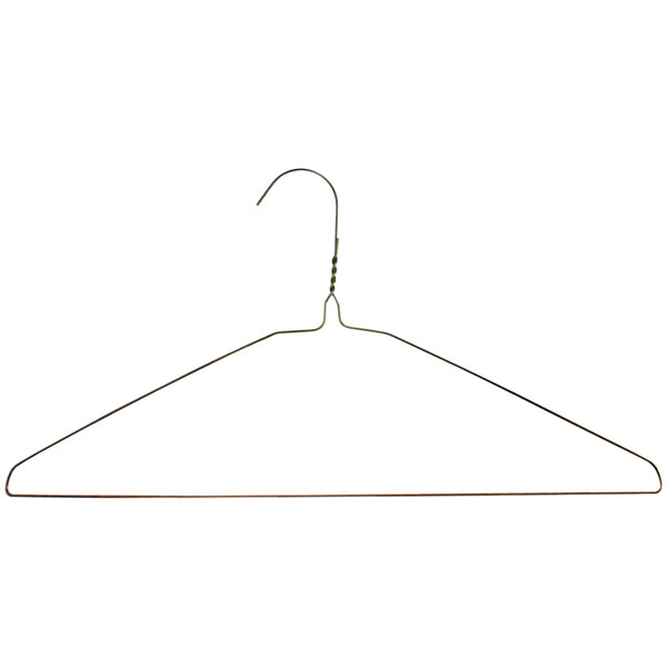 A 16" gold wire shirt hanger with a rounded hook.