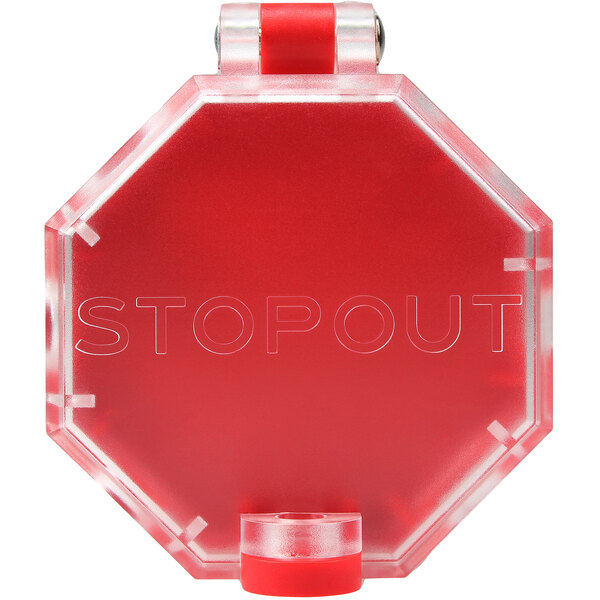 A red Accuform STOPOUT lockout box with a red lid and clip.