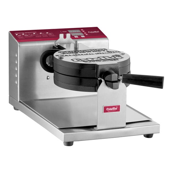 A Estella commercial waffle maker with a black handle.