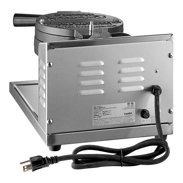 A white Estella commercial waffle maker with a cord and handle.
