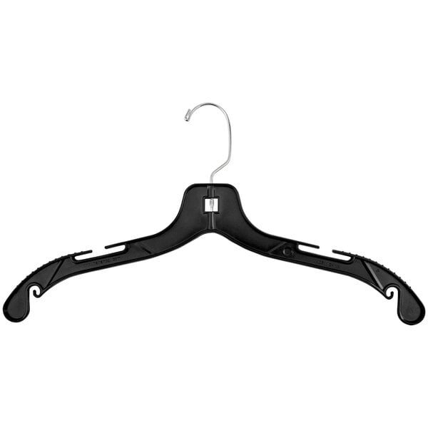 A 17" black plastic shirt hanger with a chrome hook.