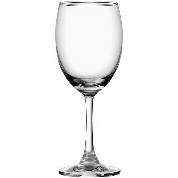 A close-up of a clear Duchess 12 oz. wine glass.