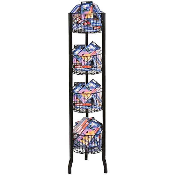 A black metal round display rack with 4 baskets.