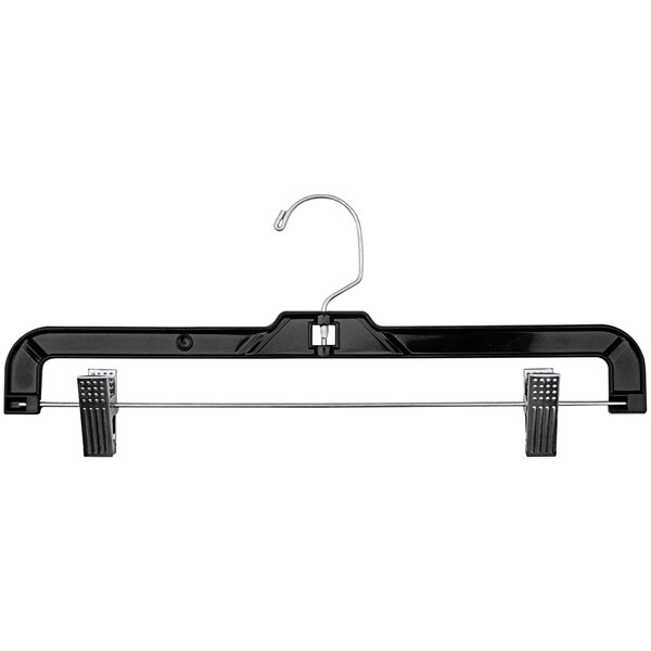 A black plastic skirt hanger with chrome metal hooks.