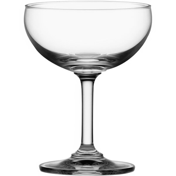 A clear wine glass with a stem.