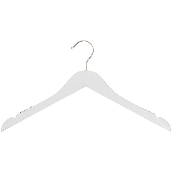 A white wooden shirt hanger with a chrome hook.