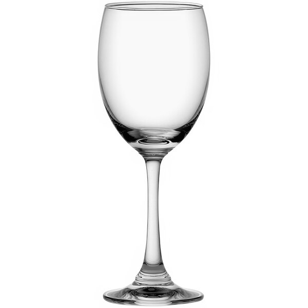 A close-up of a Duchess clear wine glass with a stem.