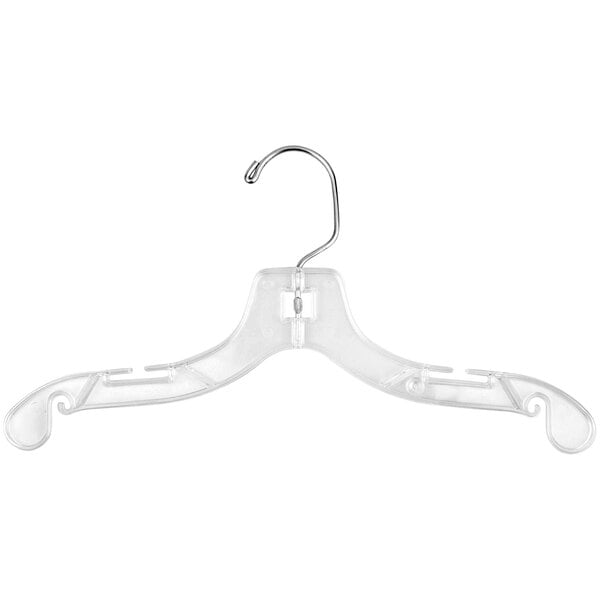 A 12" clear plastic children's shirt hanger with a chrome hook.