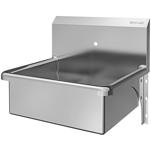 A Sani-Lav stainless steel wall mounted hand sink with a single faucet hole.