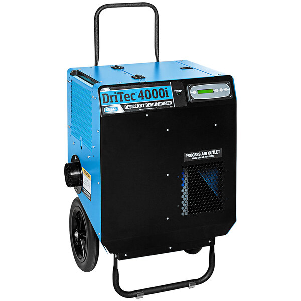 A blue and black Dri-Eaz DriTech 4000i desiccant dehumidifier with wheels and a blue handle.