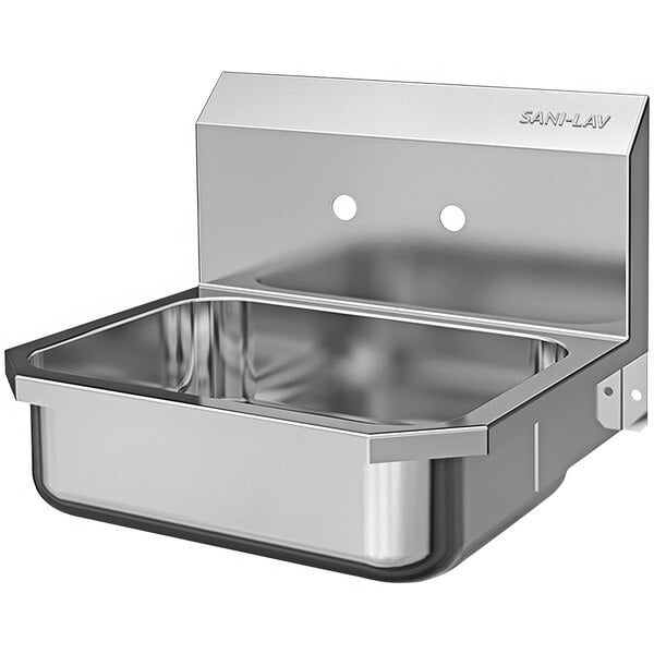A stainless steel Sani-Lav wall mounted utility sink with two bowls.