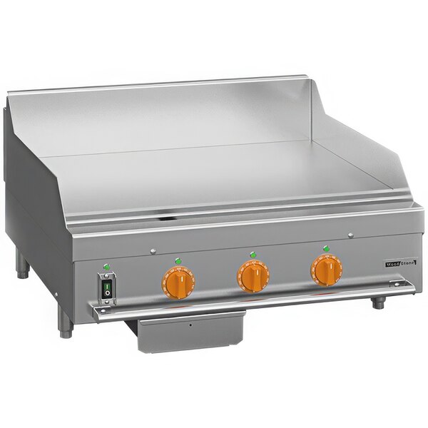 A Wood Stone liquid propane griddle with two knobs.