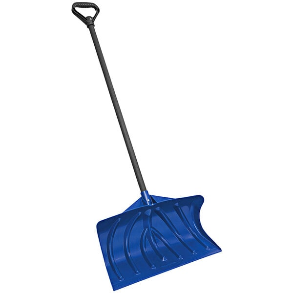 A blue Suncast snow pusher with a long black handle.