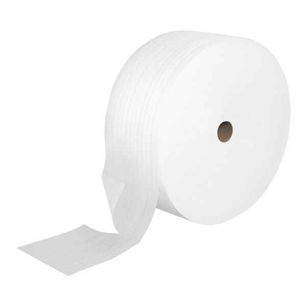 A large roll of perforated white foam packaging material.