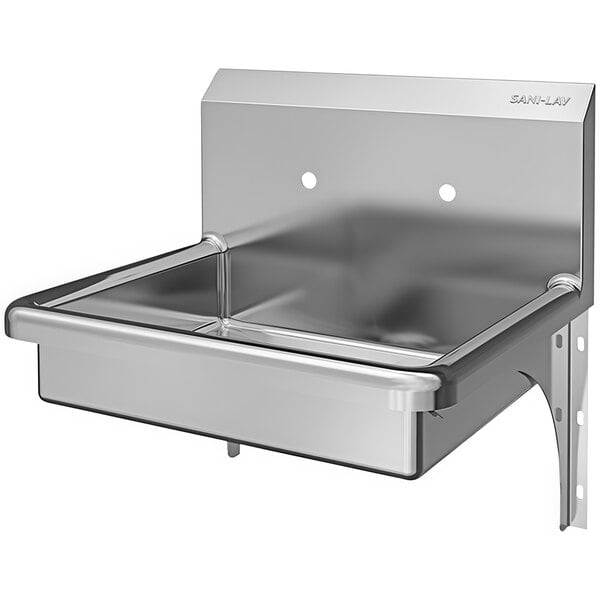 A Sani-Lav stainless steel wall mounted hand sink with two bowls.
