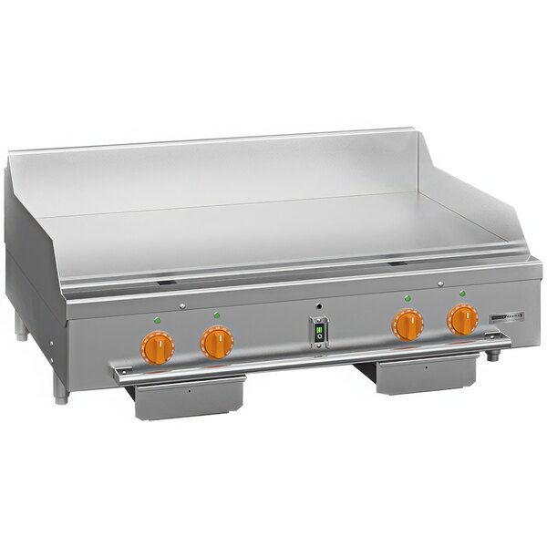 A Wood Stone stainless steel commercial gas plancha griddle with orange knobs.