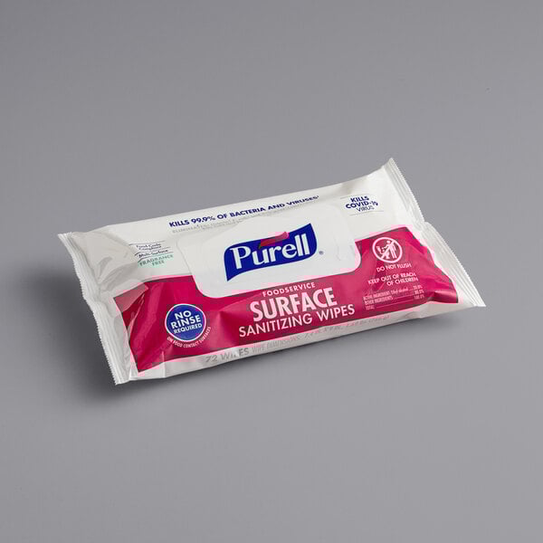 A package of Purell Foodservice surface sanitizing wipes.