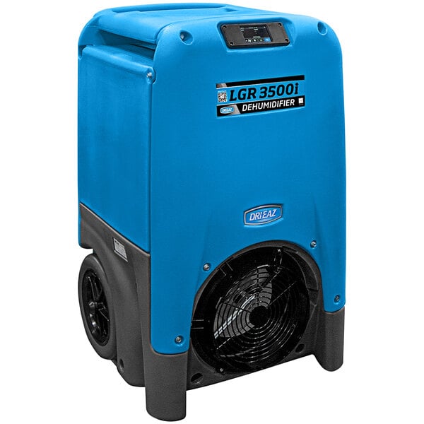 A blue and black Dri-Eaz LGR 3500i dehumidifier with wheels.