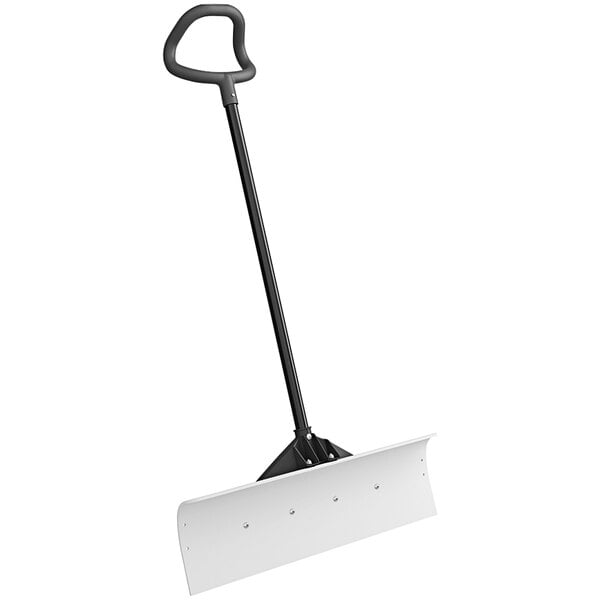 A Suncast snow pusher with a black handle.
