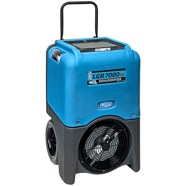 A blue and black Dri-Eaz dehumidifier with wheels.