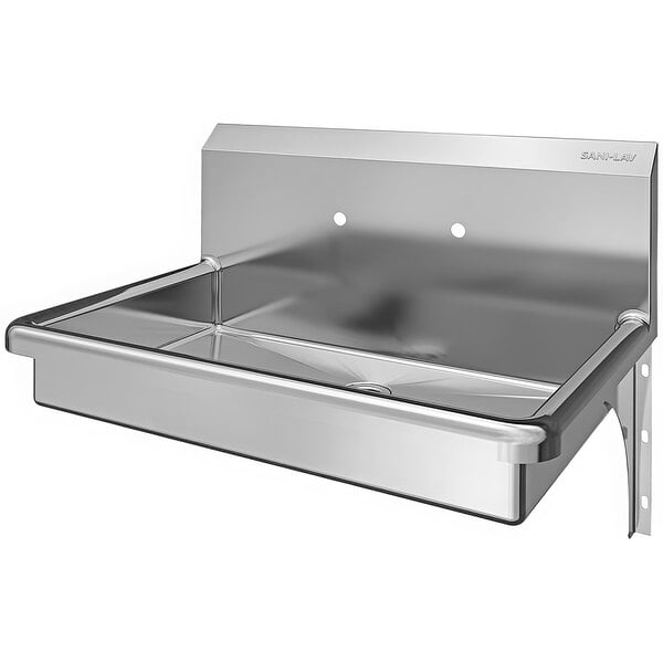 A Sani-Lav stainless steel wall mounted hand sink with a drain.