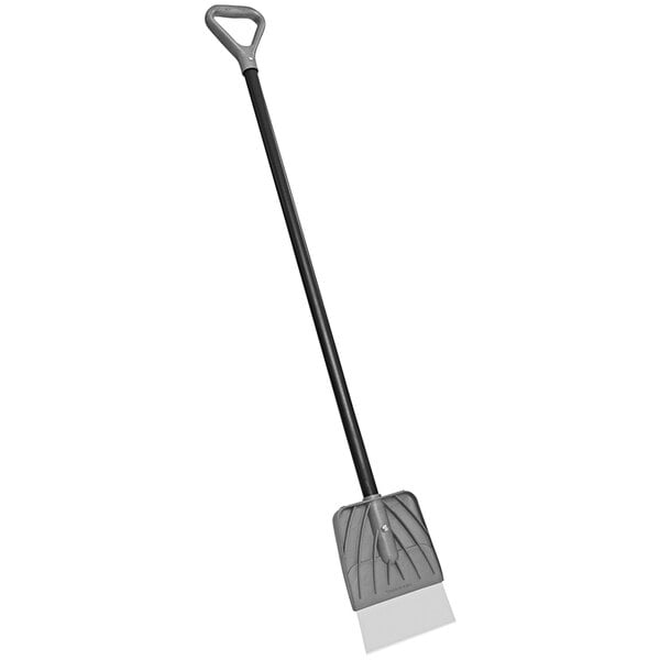 A Suncast ice scraper with a long black handle and a galvanized steel blade.