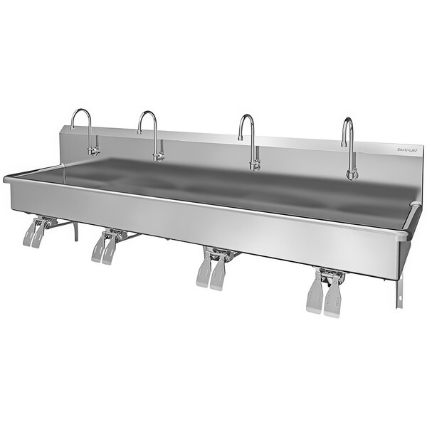 A Sani-Lav stainless steel wall mounted multi-station hands-free sink with knee-operated faucets.