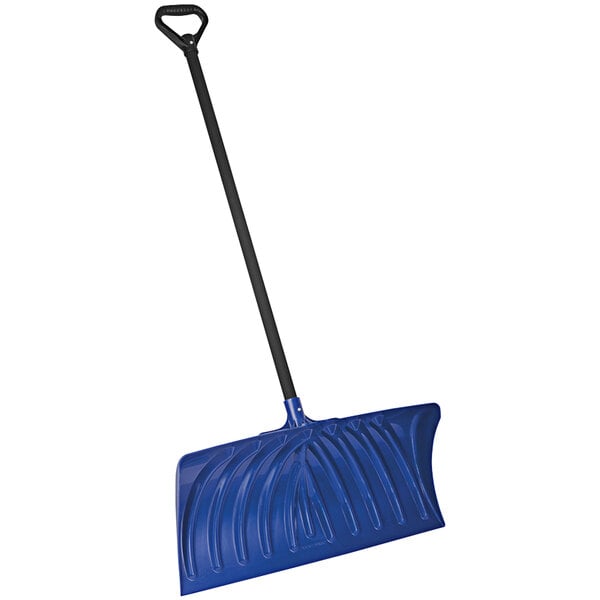 A blue Suncast snow pusher with a black handle.
