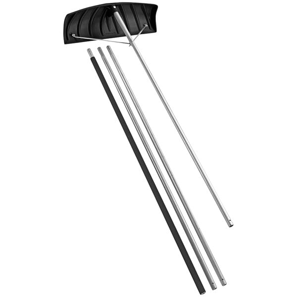 A close-up of a Suncast black and silver roof rake with several metal rods.