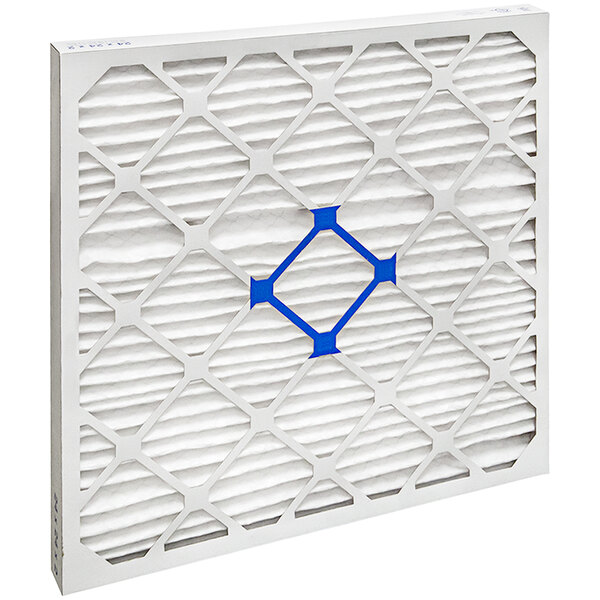 A close up of a Dri-Eaz HEPA filter with a blue and white pleated pattern.