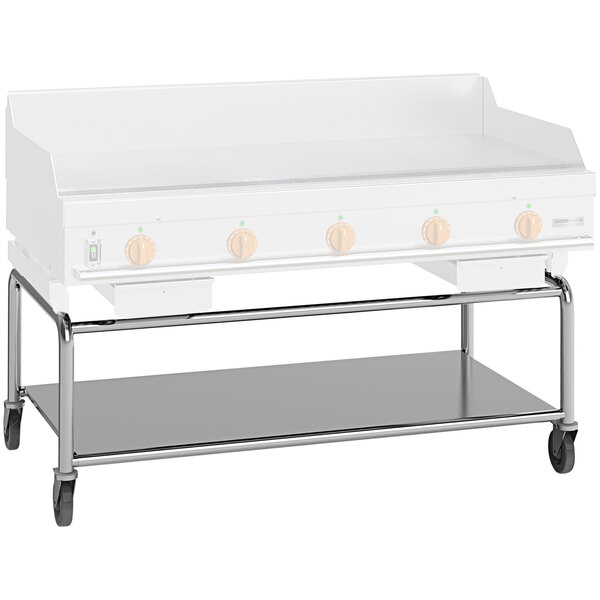 A white metal stand with a wood top for a Wood Stone griddle.