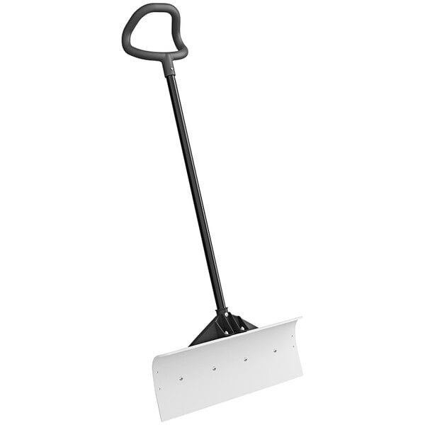 A Suncast snow pusher with a black handle.
