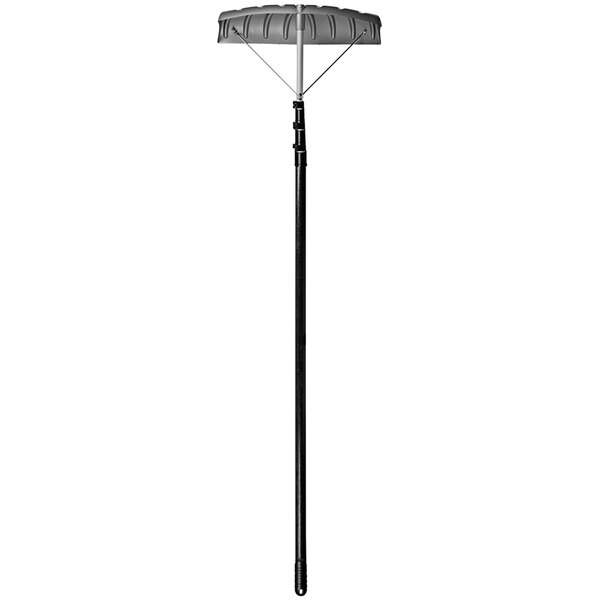 A black Suncast roof rake with a white fiberglass handle.