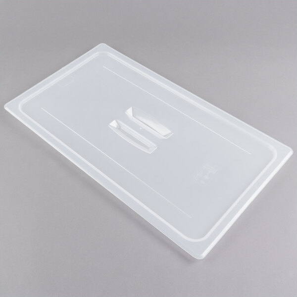 A Cambro translucent plastic lid with a handle.