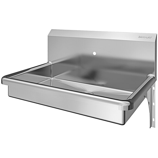 A Sani-Lav stainless steel wall mounted hand sink with a single faucet hole.