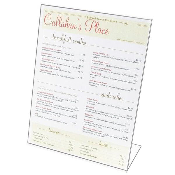 A Cal-Mil clear acrylic Easel Displayette with a menu on a stand.