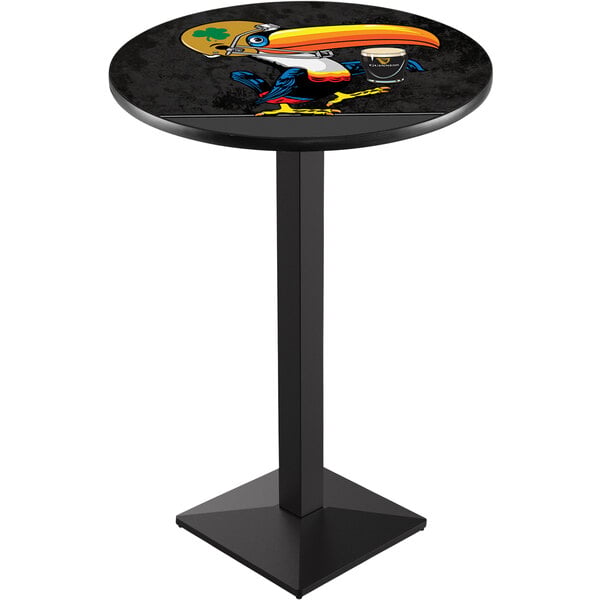 A black Holland Bar Stool table with a black square base and a toucan on it.