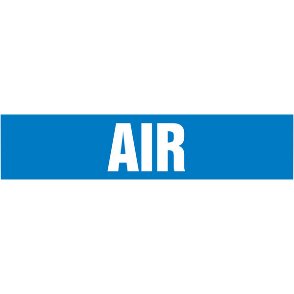 A blue rectangular sign with white text that says "AIR" and "Accuform Self-Stick Air Pipe Marker"