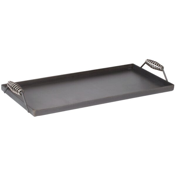A rectangular black steel griddle tray with handles.