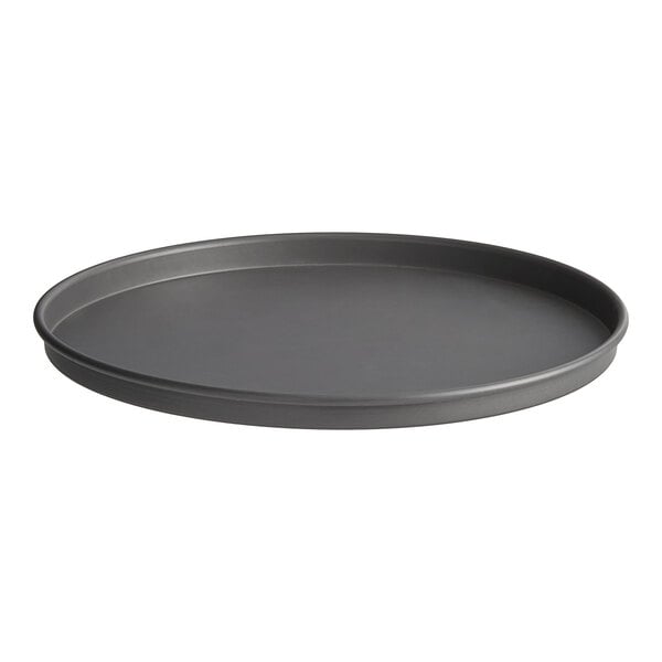 An American Metalcraft hard coat anodized aluminum pizza pan with a black rim.