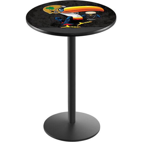 A round black Holland Bar Stool table with a Notre Dame Toucan on it.