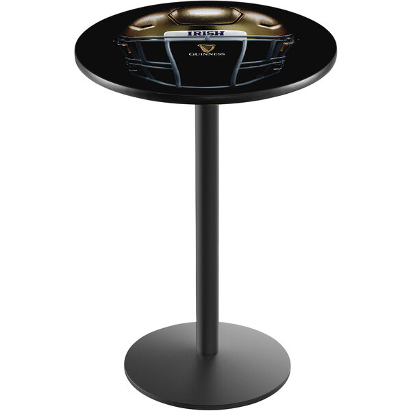 A black round Holland Bar Stool table with a Notre Dame football helmet on it.
