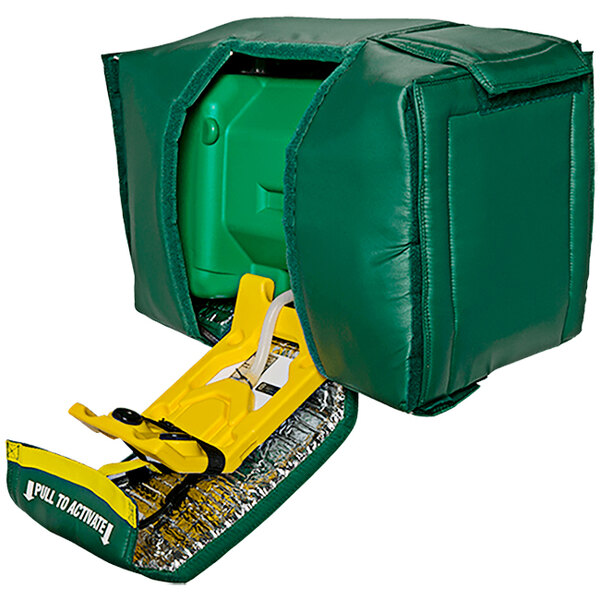 A green plastic container with a yellow cover and handle.