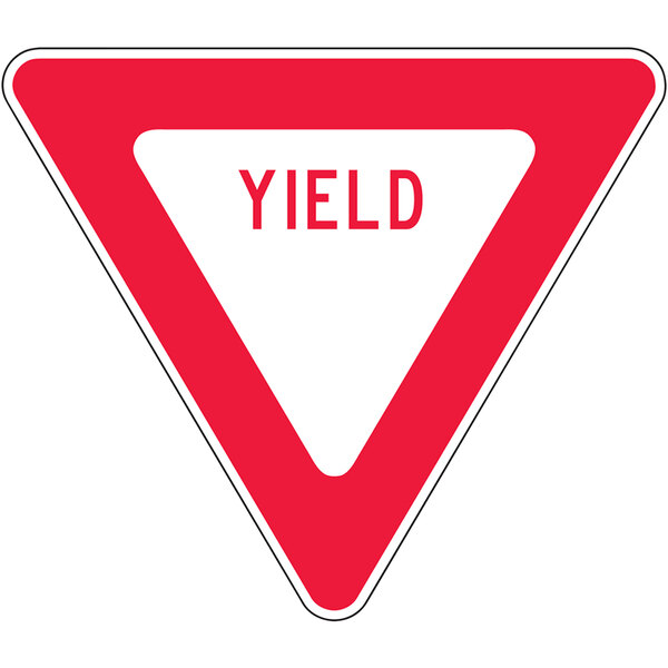 A white rectangular aluminum sign with a red and white triangular "Yield" sign.