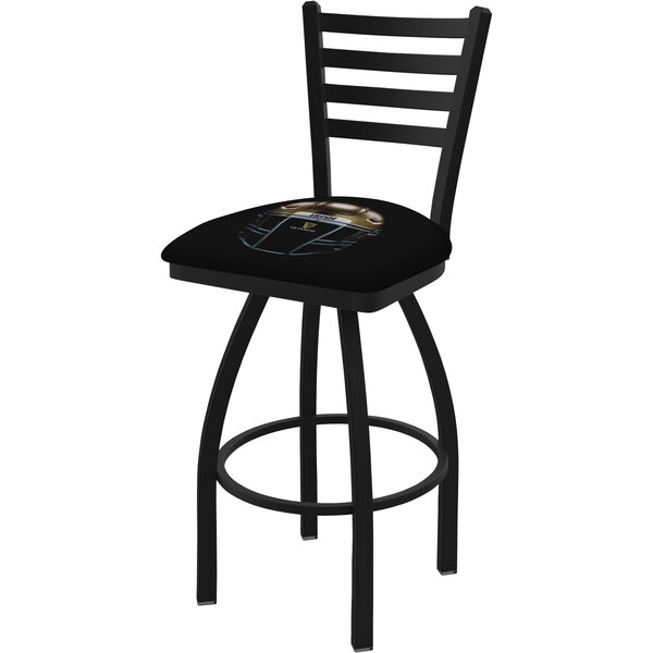 A black Holland Bar Stool with a padded black seat and Notre Dame logo on the back.