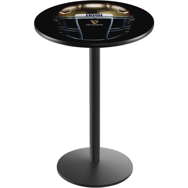 A Holland Bar Stool black round counter height pub table with a football helmet on it.