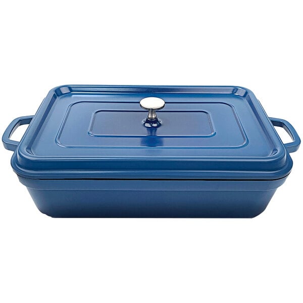 A cobalt blue enamel coated rectangular roasting pan with a lid.