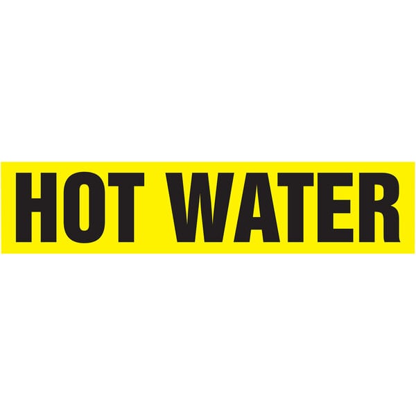 A white sign with black and yellow text that says "Hot Water" and has a yellow and black border.