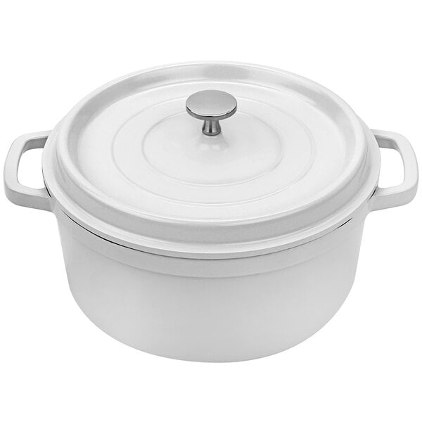 A white round Dutch oven with a white lid and handle.